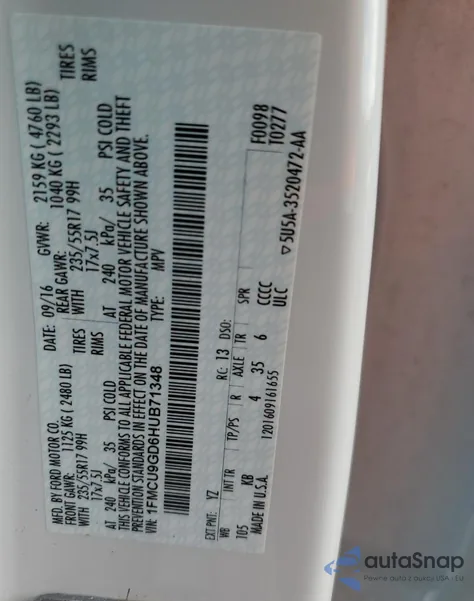 2017 Ford Escape Se из США, поврежденный, VIN 1FMCU9GD6HUB71348